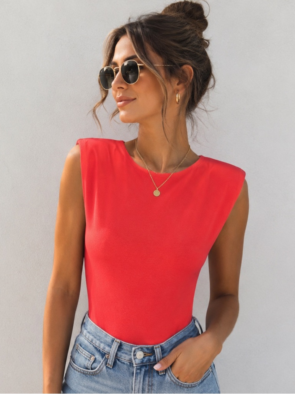She + Sky Orange Padded-Shoulder Bodysuit